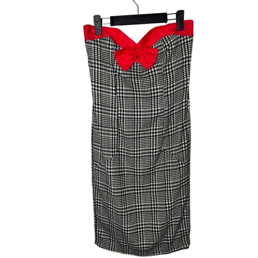 Karlie Bow Houndstooth Strapless Knee Length Sheath Dress Gray Women's Sz Small